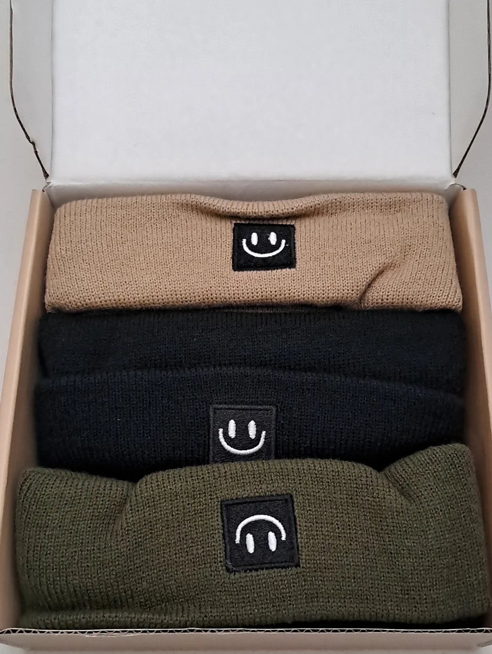 Toddler Smiley Patch Beanie 3 Pack - Tan, Black & Olive